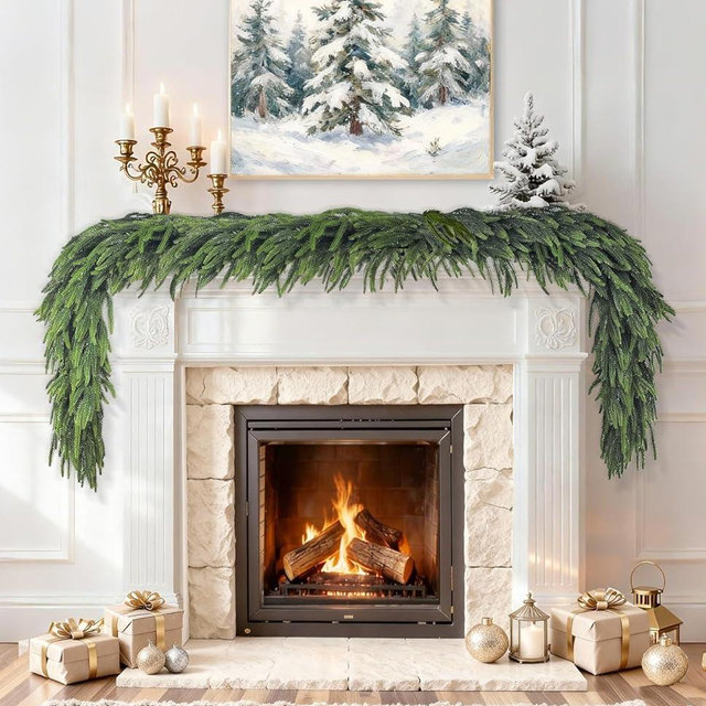 2 Pcs 6 Ft Christmas Garland Real Touch Norfolk Pine Garland Christmas Decorations Faux Realistic Winter Pine Garlands for Mantle, Table, Stairs, Doorframe, Fireplace Indoor Outdoor Holiday Xmas Decor