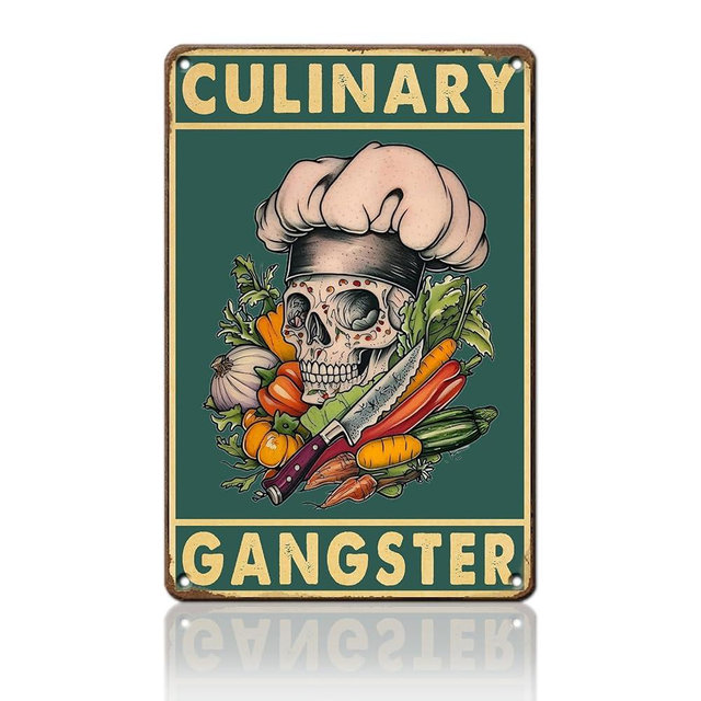 PEACHGARDEN Kitchen Wall Decor Vintage Skull Metal Sign Funny Culinary Gangster Tin Sign Cooking Poster Wall Decor for Home Kitchen Bar Pub Man Cave Cafe 8x12inch