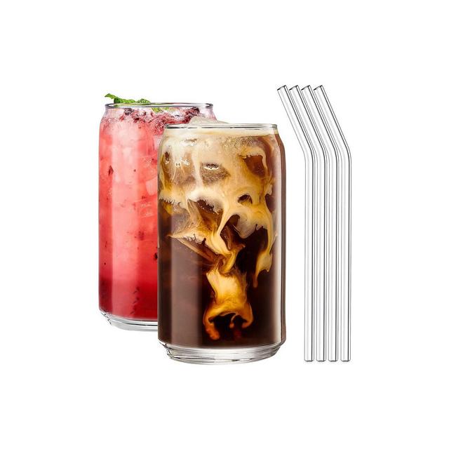 Le'raze Drinking Glasses Set of 4 - Can Shaped Glass Cups with Straws, 16oz