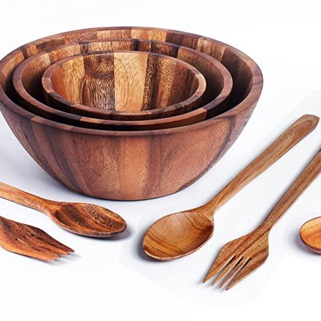 Large Acacia Wood Nesting Round Set 3 Serving Bowls 9½” 7½” 5½” with Utensils Wooden Forks and Spoons Mix size Stackable Dish for Fruit Salad Vegetables Pasta Soup Cereals Decorative Wooden Nest Bowl