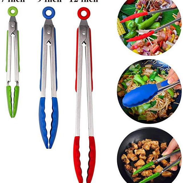 Hot Target Set of 3-7, 9, 12 inches, Multi-Color, Heavy Duty, Non-Stick, Stainless Steel Silicone Bbq and Kitchen Tongs (Can Also Be Used as Bbq Turners), (Pack of 3, Multi color)