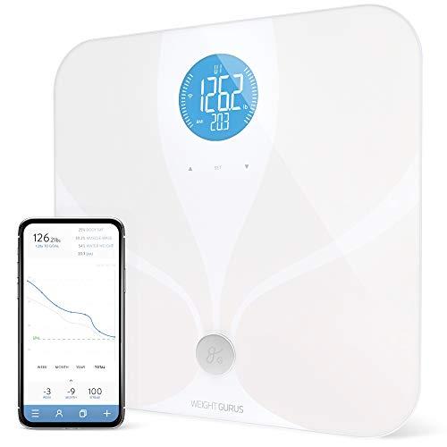 WiFi Smart Connected Body Fat Bathroom Scale by Weight Gurus (2019 Update) Backlit LCD, ITO Conductive Surface Tech, Accurate Precision Health Alerts, Measurements, and Monitoring (WiFi 2019)