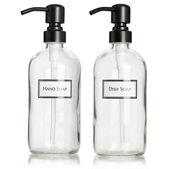 Artanis Home Ceramic Printed Glass Dish Soap and Hand Soap Dispenser Set with Black Metal Pump, 16 oz, Clear