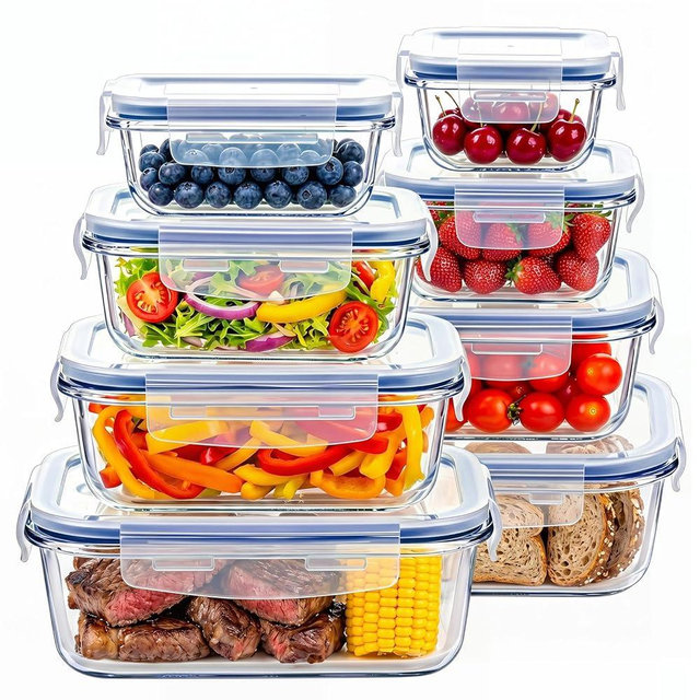 Asnews 8 Pack Glass Meal Prep Containers with Lids, Glass Food Storage Containers with Snap Locking Lids, Airtight Lunch Containers for Microwave, Oven, Freezer and Dishwasher BPA Free (Blue)