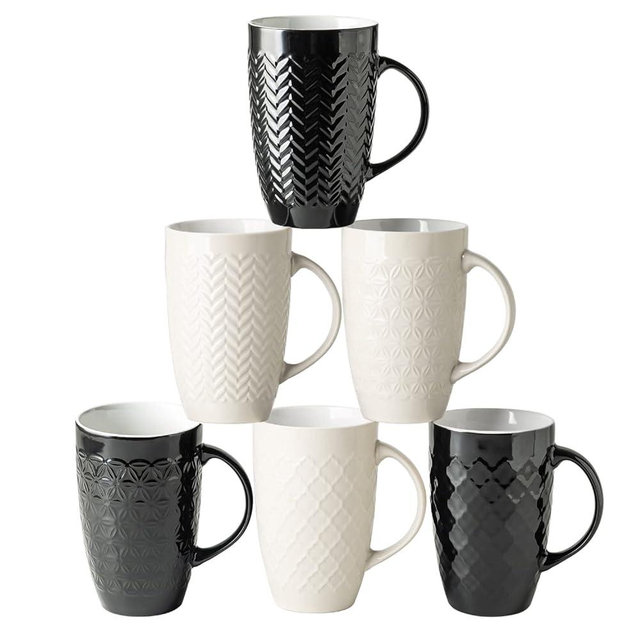 AmorArc Large Coffee Mugs Set of 6, 22oz Ceramic Tall Coffee Mugs Set with Textured Geometric Patterns for Coffee/Tea/Beer/Hot Cocoa, Dishwasher & Microwave Safe, Black&Beige