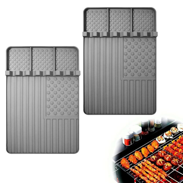 Rodnsurw 2 PCS Silicone Griddle Tools Mat for Blackstone,Grill BBQ Caddy Utensils Holder for Kitchen,Cooking & Countertop,Large Spatula Mat with Drip Pad,Griddle Accessories for Blackstone (Grey-2)