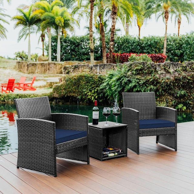 Nestl Wicker Patio Furniture Set - 3 Piece Bistro Table and Chairs Set of 2, Front Porch Furniture Set, Patio Chairs Set of 2, Outdoor Patio Set, Patio Conversation Sets (Grey/Navy)