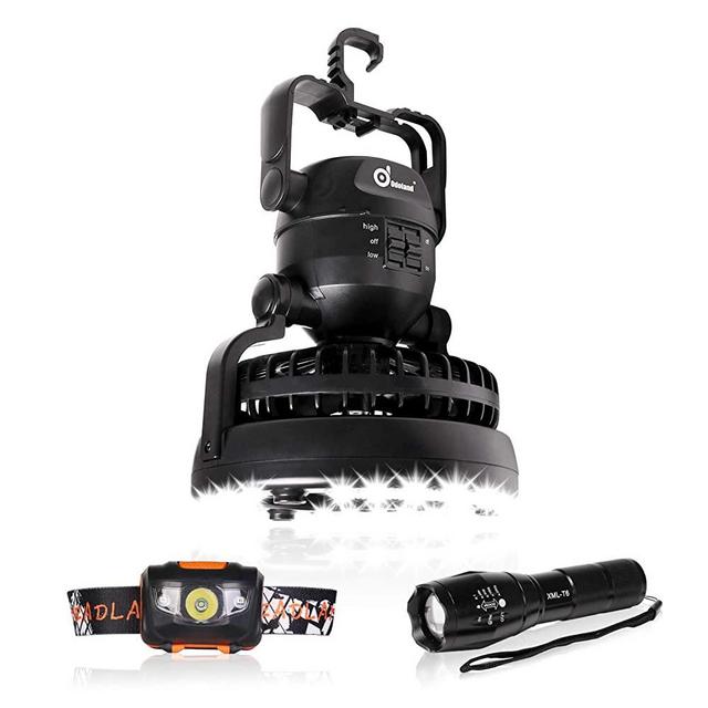 Odoland 3-in-1 Portable LED Camping Lantern with Ceiling Fan, Handheld LED Flashlight and Headlamp Kit for Outdoor Hiking Fishing Camping and Hurricane Emergency