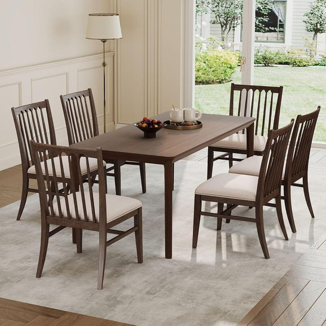DM Furniture Farmhouse Dining Chair Set of 6, Upholstered Linen Dining Room Chairs, Solid Rubberwood Armless Kitchen Chair with Slatted Back, Rustic Wooden Side Chair for Kitchen/Living Room, Beige