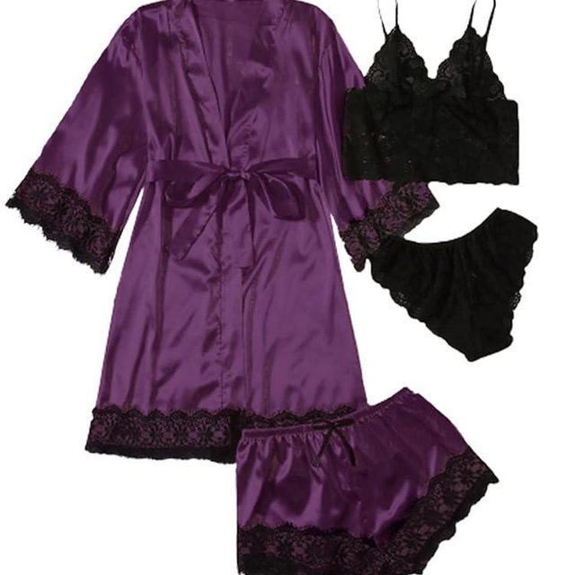 WDIRARA Women' Silk Satin Pajamas Set 4pcs Lingerie Floral Lace Cami Sleepwear with Robe