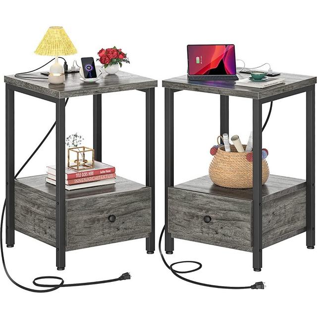 Ecoprsio Nightstands Set of 2 with Charging Station, End Side Table with USB Ports & Power Outlets, Bedside Table with Storage Drawer for Small Spaces, Bedroom Living Room, Easy Assemble, Grey