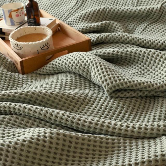 Sage Green Waffle Cotton Bed Cover, Queen or King Size Bedspread, Soft Bed Throw, Farmhouse Gift Throw Blanket, Light Waffle Blanket Summer