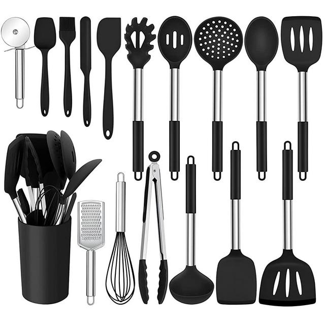 Homikit 17 Pieces Silicone Kitchen Utensils with Holder, Black Cooking Utensils Sets Stainless Steel Handle, Nonstick Kitchen Tools Include Spatula Spoons Turner Pizza Cutter, Heat Resistant