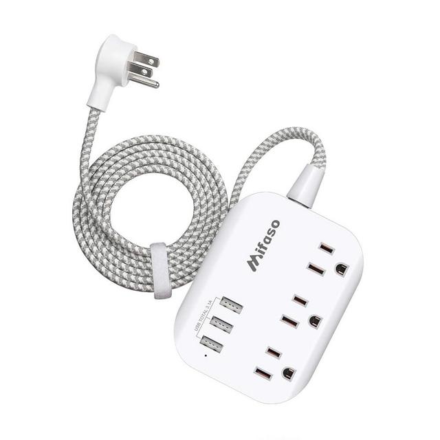 Flat Plug Power Strip with USB Ports - 10FT Extension Cord with 3 Outlets and 3 USB Charging Ports, Wall Mount, No Surge Protection for Cruise Ship Travel, Desk Accessories for Dorm Room Essentials