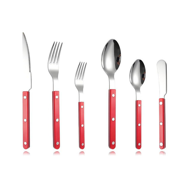 6-Piece Stainless Steel Silverware Cutlery Set - Color Handle with Rivet/Retro Style Sabre Flatware - Includes Dinner Knife; Dinner Fork; Salad Fork; Soup Spoon; Teaspoon; Spreader (Red)