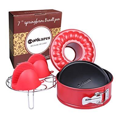 Nonstick 2-in-1 springform 7-inch cheesecake quick-release pan set: two interchangeable bottoms egg rack for Instant Pot accessories & 2 mini Silicone Mitts - fits 5 6 8 Qt by CooKares