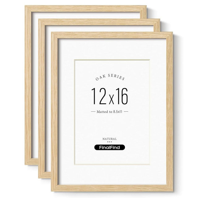 FinalFind 12x16 Frame with Mat for 8.5x11 Set of 3, Natural Solid Oak Wood 12x16 Picture Frame, Lightweight for Wall Mounting(3 Pack,Oak)