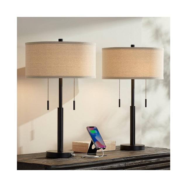 Franklin Iron Works Bernie Industrial Nightstand Table Lamp 25" High Set of 2 with Hotel Style USB Charging Port Rich Bronze Metal Fabric Drum Shade for Living Room Desk Bedroom House Bedside Home