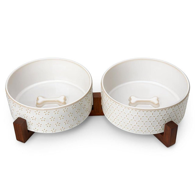 MALACASA Dog Bowl Set with Walnut Wood Stand, 6 Cups Ceramic Pet Bowls for Puppy Dogs, Dual Food and Water Bowls with Non-Slip Base, Basic Bowls for Your Dog, Five-Leaf Grass & Honeycomb