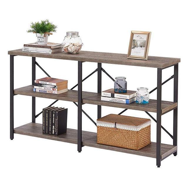 BON AUGURE Rustic Console Sofa Table, Industrial Long Hallway/Entryway Table, 3 Shelf Open Bookshelf (55 Inch, Dark Gray Oak)