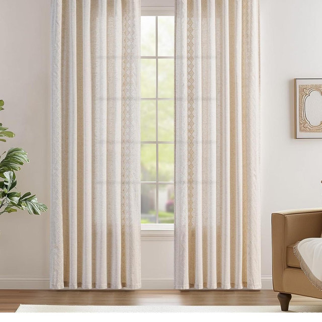 jinchan Boho Curtains for Bedroom Ivory Vintage Floral Farmhouse Curtains 84 Inches Long Linen Blend Drapes for Living Room Embroidered Light Filtering Drapes Rod Pocket Ivory on Beige 2 Panels