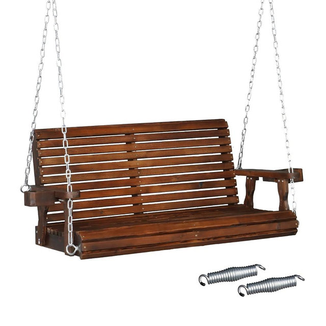 VINGLI XL Size Patio Wooden Porch Swing Outdoor with Cup Holders, Heavy Duty 880 LBS Hanging Swing Chair Bench with Hanging Chains for Yard, Lawn, Garden (4 FT Pro, Rustic)