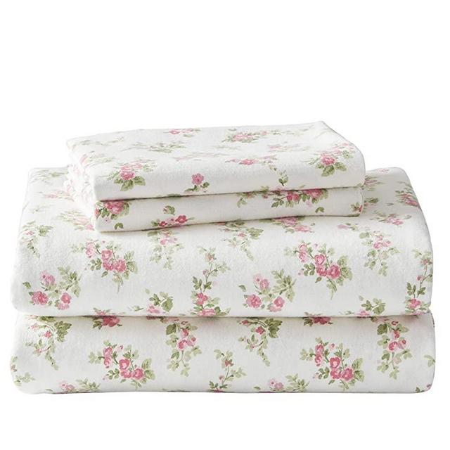 Laura Ashley Home | Flannel Collection |100% Premium Cotton Bedding Sheet Set, Pre-Shrunk & Brushed For Extra Softness, Comfort, and Cozy Feel, Queen, Audrey Pink