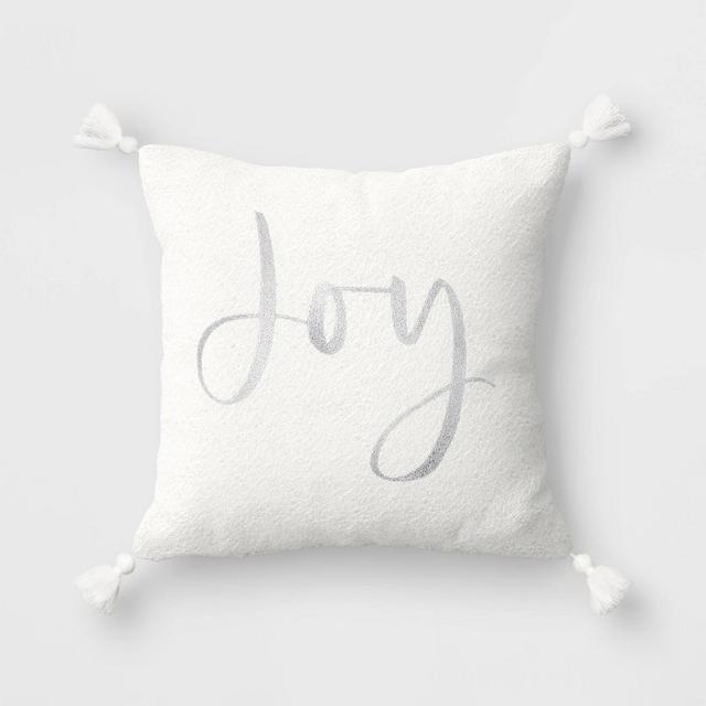'Joy' Embroidered Boucle Square Christmas Throw Pillow White - Threshold™