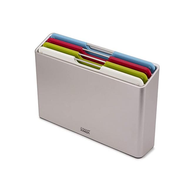 Joseph Joseph Folio Plastic Cutting Board Set with Storage Case Color-Coded Easy-Access Design Dishwasher Safer Non-Slip, Small, Silver