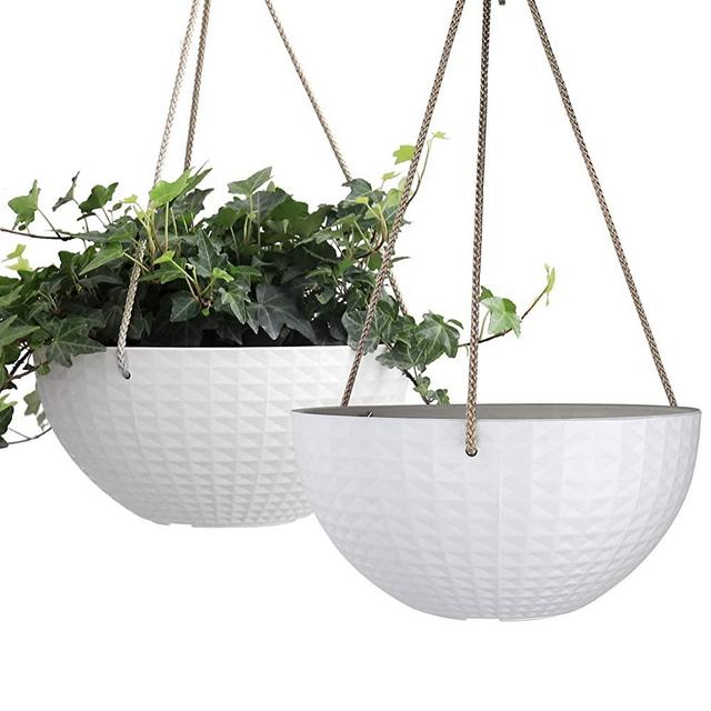 LA JOLIE MUSE Hanging Planter Set for Indoor Outdoor with Drain Hole, 10 Inch Plant Pots with White Geometric Mosaic Texture Patterns, Balcony Patio Garden, Set of 2, Matte White