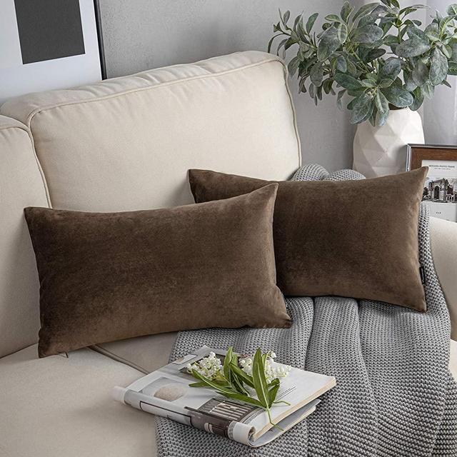 Phantoscope Pack of 2 Velvet Decorative Throw Pillow Covers Soft Solid Square Cushion Case for Couch Coffee 12 x 20 inches 30 x 50 cm