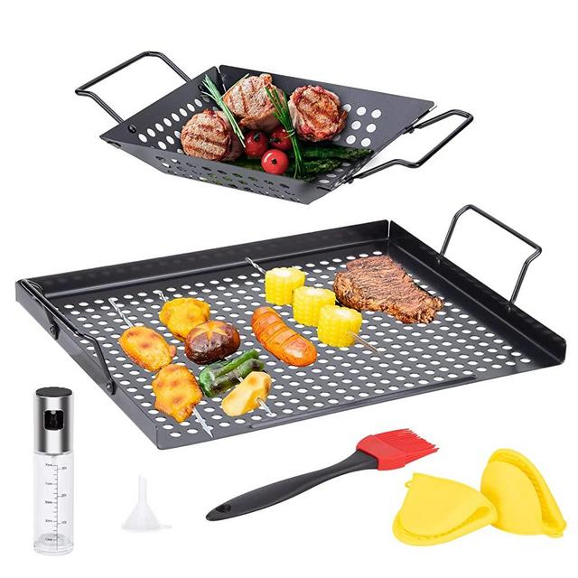 2 Pack Grill Basket, Grilling Pan Nonstick Grill Topper with Holes, BBQ Grill Tray Vegetable Grill Pans for Outdoor Grill, Grill Cookware Grill Accessories for Vegetable, Meat, Fish
