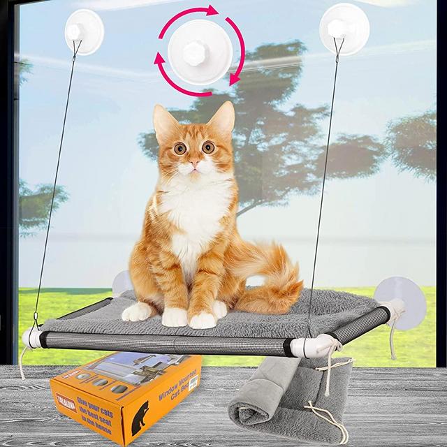 ZALALOVA Cat Window Perch, Cat Hammock Window Seat w/Free Fleece Blanket 2021 Latest Screw Suction Cups Extra Large Sturdy Cat Bed Cat Resting Seat Holds Two Large Cats Indoors Outdoors