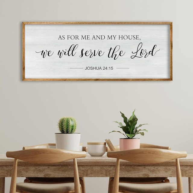 RLWangChao As for Me and My House We Will Serve the Lord Wall Decor 32"×12" Family Living Room Wood Framed Home Sign Joshua 24 15 Bible Verse Christian Plaque Hanging Wall Art (Wood)