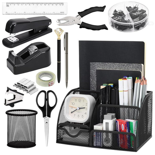 SYMDROMIA 13-in-1 Office Desk Organizer Set with Stapler and Tape Dispenser, Pen Holder, Scissors, Ruler, Hole Punch, 2 Pens & More Desktop Accessories for Back to School Supplies (Black)