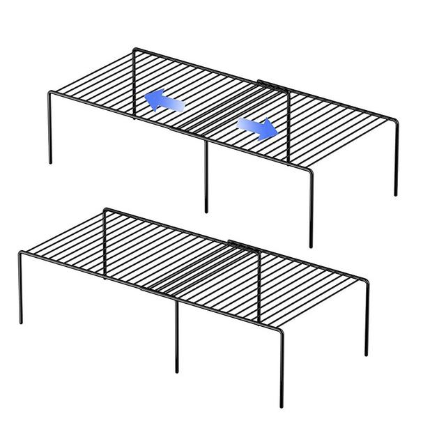 Redrubbit Cabinet Storage Shelf Rack, 4 Piece Expandable Metal Rustproof Kitchen Counter and Cabinet Shelf, Storage Rack Organizer Space Saver for Kitchen, Fridge, Cabinet, Bathroom, Black, Set of 2