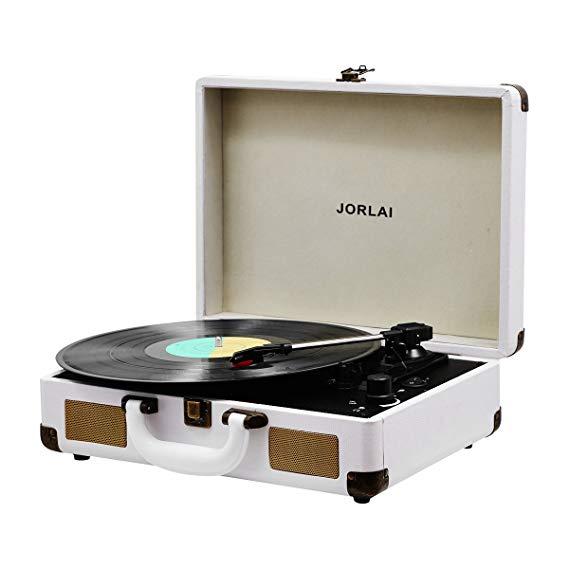 Vinyl Record Player JORLAI Turntable, 3 Speed Bluetooth Record Player Suitcase with Built in Speakers/ Rechargable Battery/ Vinyl-to-MP3 Recording/ Headphone Jack/ Aux Input/ RCA Line Out - White