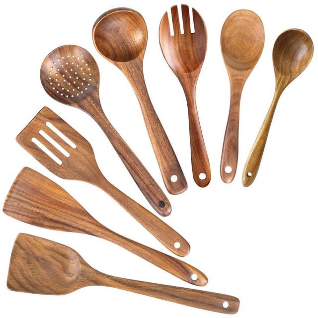 Non Scratch Natural Teak Wooden Utensils for Cooking (Teak 8 Pack)