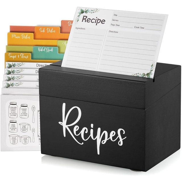 DRASTAR Recipe Box, Recipe Organizer with 100 Recipe Cards & Dividers, 4x6 Recipe Cards and Box Set, Wooden Recipe Holder Box Black