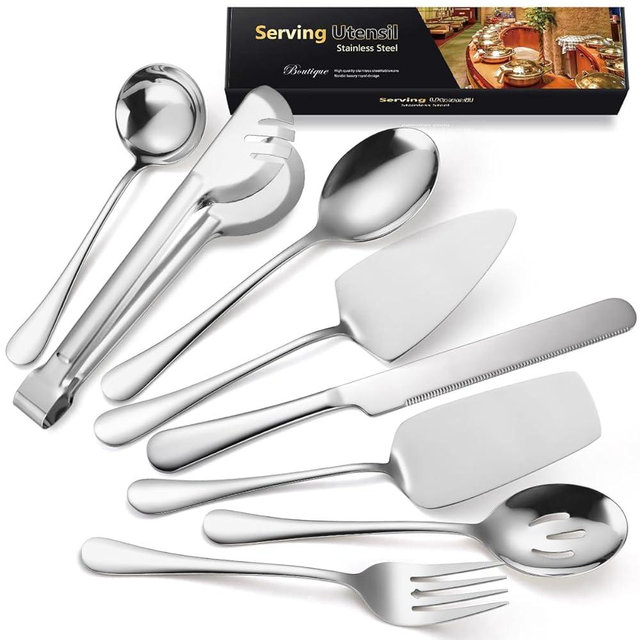 AARAINBOW Home Serving Utensils Set Large, 8 Pcs Stainless Steel Serving Utensils for Parties Buffet, Food Serving Utensils Steel Buffet Serving Utensils Large (Silvery)