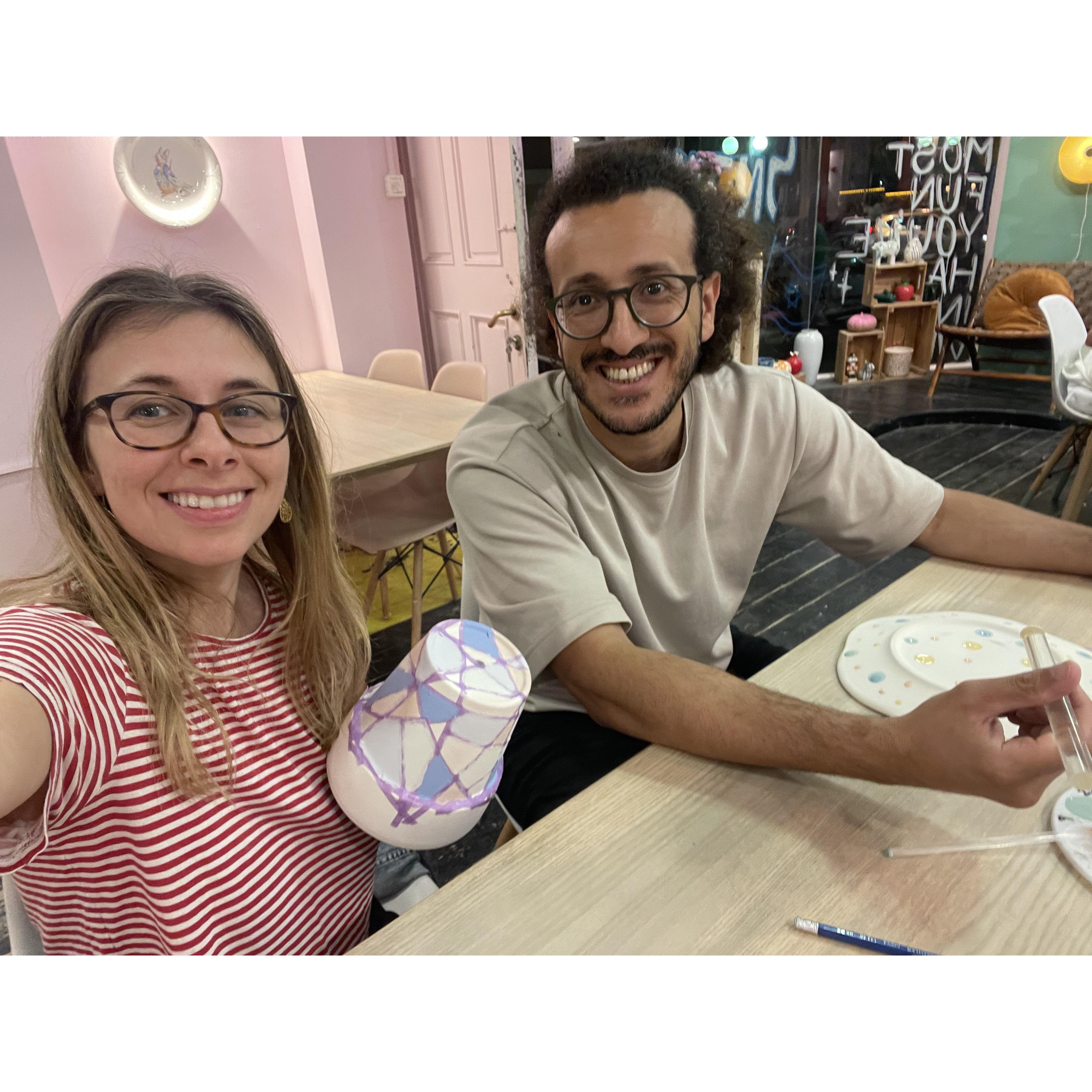 Sarah loves going to Clayla- the local place to paint pottery. Here we are on a date night together, painting pottery.