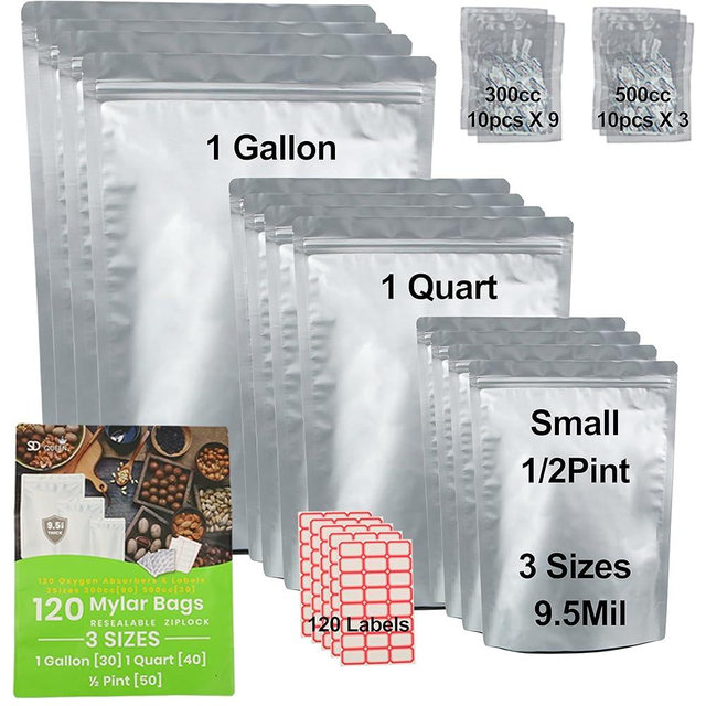 120 PCS Mylar Bags for Food Storage with Oxygen Absorbers - 500cc & 300cc Oxygen Absorbers, 9.5 Mil 3 Sizes (1 Gallon,1 Quart, 1/2 Pint) Resealable Bags