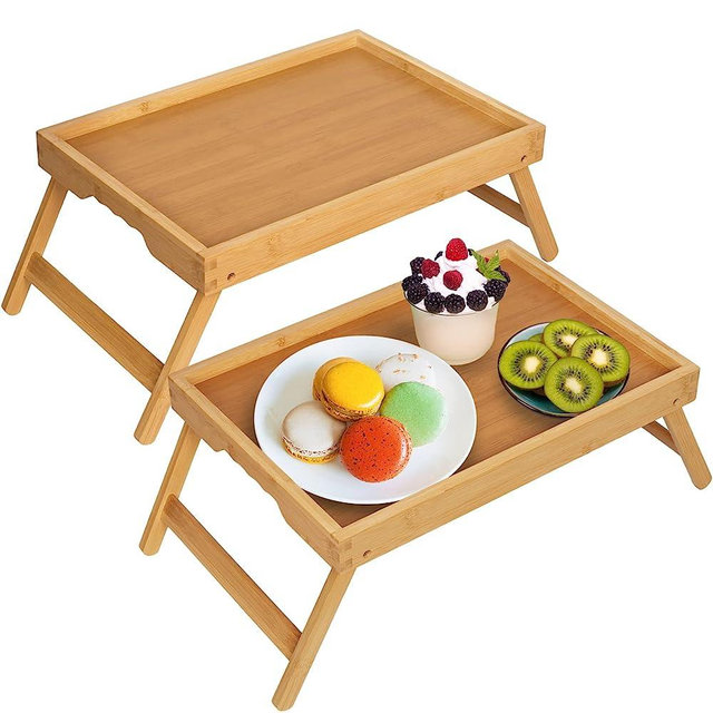 Artmeer Bed Tray Table with Folding Legs,Bamboo Breakfast in Bed for TV Table, Laptop Computer Tray,Eating,Snack Tray Beige 2 Pack(Beige)