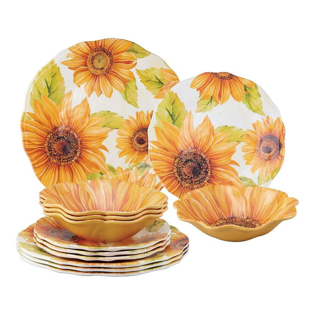 UPware 12 Piece Sunflower Melamine Dinnerware Sets, Outdoor Dishes Set, Plates and Bowls Sets, Service for 4, Yellow