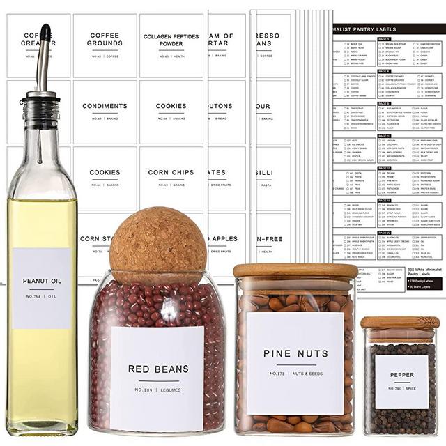 308 Kitchen Pantry Labels for Food Containers, 3 Sizes White Minimalist Labels for Organizing, Food Labels for Jars, Storage Bins, Preprinted Waterproof Pantry Labels for Containers