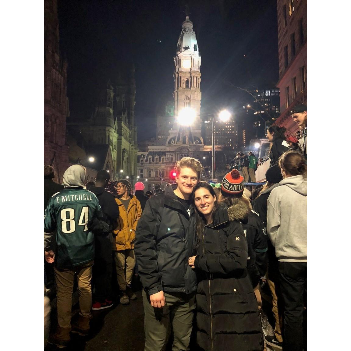 on broad street in philly celebrating the eagles winning the super bowl! (and phoebe moonlighting as an eagles fan for the night)