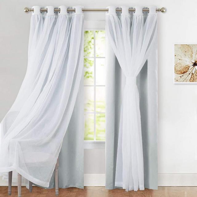 PONY DANCE Curtains Sheer Voile - Crushed Sheer x Room Darkening Thermal Drapes Curtain Light Shut Panels for Windows, 52 x 95 inches, Greyish White, Set of 2