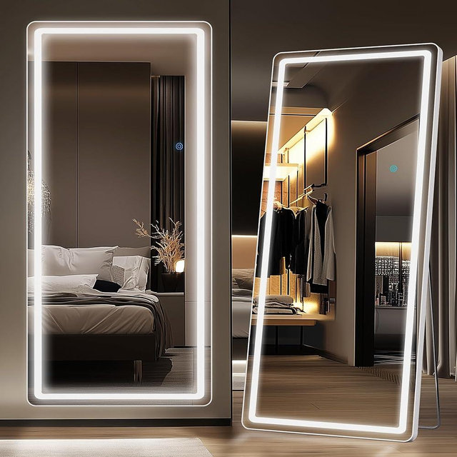 LED Full Length Mirror, 76" x 34" Oversized LED Mirror Full Length Lighted Floor Standing,Hanging Mirror Floor Mirror with Lighted Stand Free Standing Floor Mirror for Bedroom,Livingroom,Rect Style