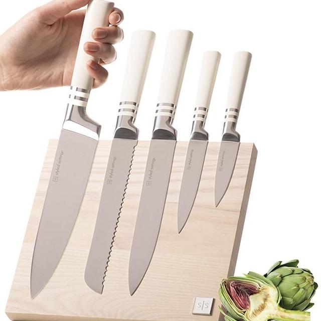 White Knife Set with Magnetic Knife Holder Stand - 6 PC White Magnetic Knife Set Includes White Handle Knife Set with Ashwood Magnetic Knife Block - White Kitchen Accessories, White Kitchen Décor