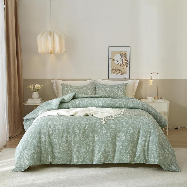 EAVD Vintage Garden Sage Green Floral Comforter Set Full Soft Microfiber Chic Cute Floral Bedding Comforter Set 1 Full Comforter and 2 Pillowcases Fresh Botanical Comforter Set for All-Season